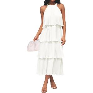 ZESICA Women’s 2026 Summer Sleeveless Halter Neck Ruffle Tiered Layed Chiffon Flowy Swing Long Midi Dress(White)