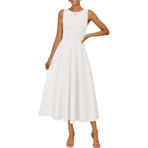 ZESICA Women’s 2026 Summer Sleeveless Midi Dresses Crewneck A Line Elegant Cocktail Party Flowy Long Dress(White)