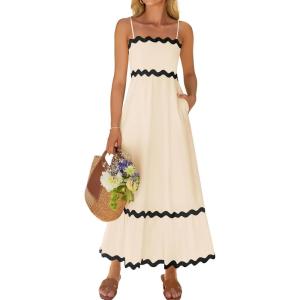 ZESICA Women’s 2026 Summer Spaghetti Straps Sleeveless Backless Sundress Flowy Smocked Lace Swing A Line Midi Dress(Apricot)