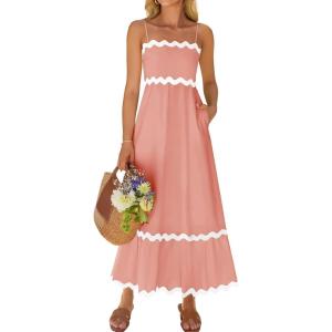 ZESICA Women’s 2026 Summer Spaghetti Straps Sleeveless Backless Sundress Flowy Smocked Lace Swing A Line Midi Dress(Coral Pink)