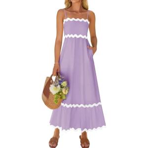 ZESICA Women’s 2026 Summer Spaghetti Straps Sleeveless Backless Sundress Flowy Smocked Lace Swing A Line Midi Dress(Light Purple)