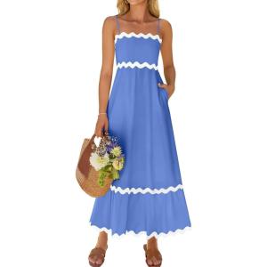 ZESICA Women’s 2026 Summer Spaghetti Straps Sleeveless Backless Sundress Flowy Smocked Lace Swing A Line Midi Dress(Sapphire Blue)