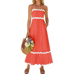 ZESICA Women’s 2026 Summer Spaghetti Straps Sleeveless Backless Sundress Flowy Smocked Lace Swing A Line Midi Dress(Watermelon Red)