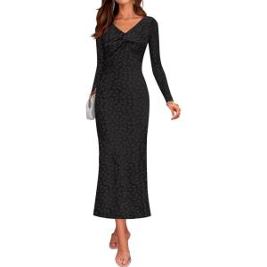 ZESICA Women’s Fall Floral Long Sleeve Bodycon Dress 2026 Elegant V Neck Cocktail Party Long Midi Dresses(Black)
