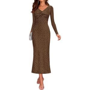 ZESICA Women’s Fall Floral Long Sleeve Bodycon Dress 2026 Elegant V Neck Cocktail Party Long Midi Dresses(Brown)