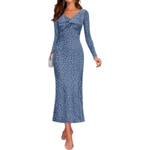 ZESICA Women’s Fall Floral Long Sleeve Bodycon Dress 2026 Elegant V Neck Cocktail Party Long Midi Dresses(Dustyblue)