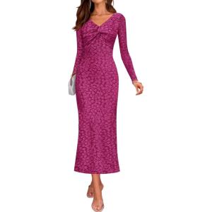 ZESICA Women’s Fall Floral Long Sleeve Bodycon Dress 2026 Elegant V Neck Cocktail Party Long Midi Dresses(Rosypurple)