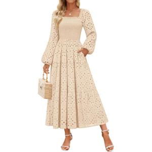 ZESICA Women’s Fall Long Sleeve Maxi Dresses 2026 Square Neck Hollow Out Eyelet Smocked A Line Cocktail Party Dress(Apricot)