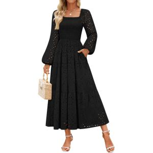 ZESICA Women’s Fall Long Sleeve Maxi Dresses 2026 Square Neck Hollow Out Eyelet Smocked A Line Cocktail Party Dress(Black)