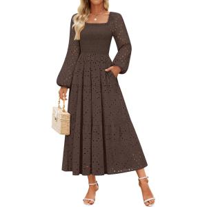 ZESICA Women’s Fall Long Sleeve Maxi Dresses 2026 Square Neck Hollow Out Eyelet Smocked A Line Cocktail Party Dress(Coffee)