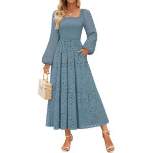 ZESICA Women’s Fall Long Sleeve Maxi Dresses 2026 Square Neck Hollow Out Eyelet Smocked A Line Cocktail Party Dress(Dustyblue)
