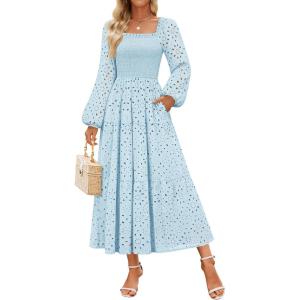 ZESICA Women’s Fall Long Sleeve Maxi Dresses 2026 Square Neck Hollow Out Eyelet Smocked A Line Cocktail Party Dress(Lightblue)