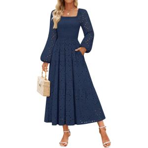 ZESICA Women’s Fall Long Sleeve Maxi Dresses 2026 Square Neck Hollow Out Eyelet Smocked A Line Cocktail Party Dress(Navy)