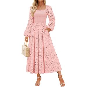 ZESICA Women’s Fall Long Sleeve Maxi Dresses 2026 Square Neck Hollow Out Eyelet Smocked A Line Cocktail Party Dress(Pink)