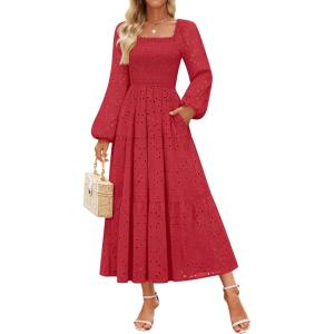ZESICA Women’s Fall Long Sleeve Maxi Dresses 2026 Square Neck Hollow Out Eyelet Smocked A Line Cocktail Party Dress(Red)