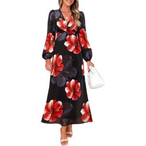 ZESICA Women’s Floral Long Sleeve Midi Dresses 2026 Fall Boho V Neck Belted High Wasit Flowy Wedding Cocktail Party Dress(Black)