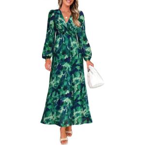 ZESICA Women’s Floral Long Sleeve Midi Dresses 2026 Fall Boho V Neck Belted High Wasit Flowy Wedding Cocktail Party Dress(Green)
