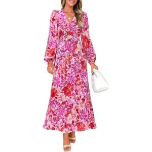 ZESICA Women’s Floral Long Sleeve Midi Dresses 2026 Fall Boho V Neck Belted High Wasit Flowy Wedding Cocktail Party Dress(Pink)