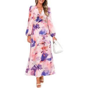 ZESICA Women’s Floral Long Sleeve Midi Dresses 2026 Fall Boho V Neck Belted High Wasit Flowy Wedding Cocktail Party Dress(Purple)