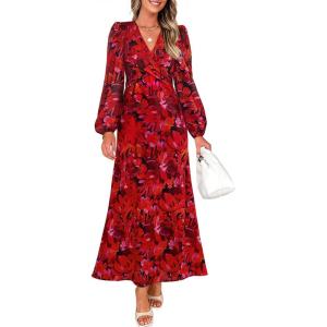 ZESICA Women’s Floral Long Sleeve Midi Dresses 2026 Fall Boho V Neck Belted High Wasit Flowy Wedding Cocktail Party Dress(Red)