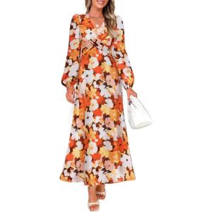 ZESICA Women’s Floral Long Sleeve Midi Dresses 2026 Fall Boho V Neck Belted High Wasit Flowy Wedding Cocktail Party Dress(Tangerine)