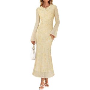ZESICA Women’s Long Sleeve Floral Bodycon Dress 2026 Spring Fall Ruched Mesh Wedding Guest Cocktail Party Maxi Dresses(Beige Yellow)