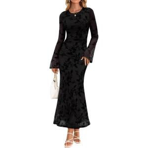 ZESICA Women’s Long Sleeve Floral Bodycon Dress 2026 Spring Fall Ruched Mesh Wedding Guest Cocktail Party Maxi Dresses(Black)