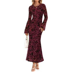 ZESICA Women’s Long Sleeve Floral Bodycon Dress 2026 Spring Fall Ruched Mesh Wedding Guest Cocktail Party Maxi Dresses(Burgundy)
