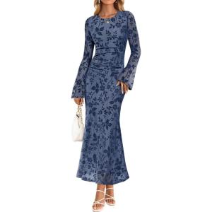 ZESICA Women’s Long Sleeve Floral Bodycon Dress 2026 Spring Fall Ruched Mesh Wedding Guest Cocktail Party Maxi Dresses(Dusty Blue)
