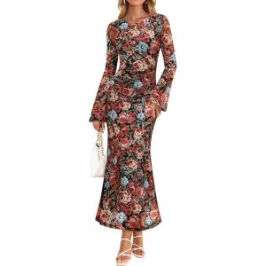 ZESICA Women’s Long Sleeve Floral Bodycon Dress 2026 Spring Fall Ruched Mesh Wedding Guest Cocktail Party Maxi Dresses(Floral Black)