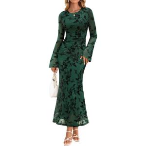 ZESICA Women’s Long Sleeve Floral Bodycon Dress 2026 Spring Fall Ruched Mesh Wedding Guest Cocktail Party Maxi Dresses(Green)