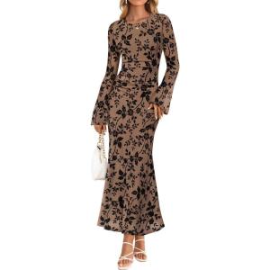 ZESICA Women’s Long Sleeve Floral Bodycon Dress 2026 Spring Fall Ruched Mesh Wedding Guest Cocktail Party Maxi Dresses(Khaki)