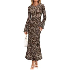 ZESICA Women’s Long Sleeve Floral Bodycon Dress 2026 Spring Fall Ruched Mesh Wedding Guest Cocktail Party Maxi Dresses(Leopard Brown)