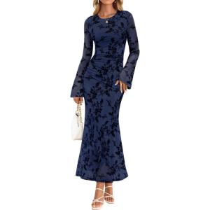 ZESICA Women’s Long Sleeve Floral Bodycon Dress 2026 Spring Fall Ruched Mesh Wedding Guest Cocktail Party Maxi Dresses(Navy)