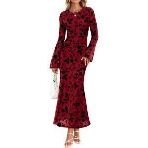 ZESICA Women’s Long Sleeve Floral Bodycon Dress 2026 Spring Fall Ruched Mesh Wedding Guest Cocktail Party Maxi Dresses(Red)