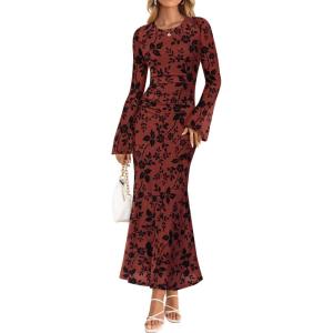 ZESICA Women’s Long Sleeve Floral Bodycon Dress 2026 Spring Fall Ruched Mesh Wedding Guest Cocktail Party Maxi Dresses(Rust)