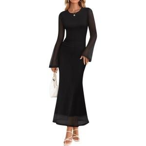 ZESICA Women’s Long Sleeve Floral Bodycon Dress 2026 Spring Fall Ruched Mesh Wedding Guest Cocktail Party Maxi Dresses(Solid Black)