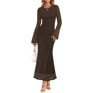 ZESICA Women’s Long Sleeve Floral Bodycon Dress 2026 Spring Fall Ruched Mesh Wedding Guest Cocktail Party Maxi Dresses(Solid Coffee)