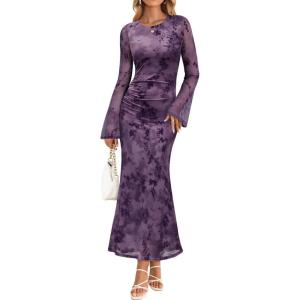 ZESICA Women’s Long Sleeve Floral Bodycon Dress 2026 Spring Fall Ruched Mesh Wedding Guest Cocktail Party Maxi Dresses(Tie Dye Purple)
