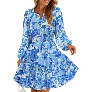 ZESICA Womens Spring Long Sleeve Floral Mini Dress 2026 Summer Boho V Neck A-Line Flowy Dresses Beach Vacation Clothes(Blue)