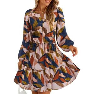 ZESICA Womens Spring Long Sleeve Floral Mini Dress 2026 Summer Boho V Neck A-Line Flowy Dresses Beach Vacation Clothes(Brown)