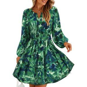 ZESICA Womens Spring Long Sleeve Floral Mini Dress 2026 Summer Boho V Neck A-Line Flowy Dresses Beach Vacation Clothes(Darkgreen)
