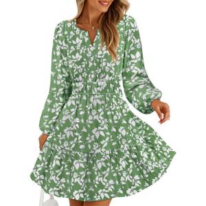 ZESICA Womens Spring Long Sleeve Floral Mini Dress 2026 Summer Boho V Neck A-Line Flowy Dresses Beach Vacation Clothes(Green)