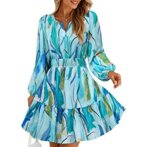 ZESICA Womens Spring Long Sleeve Floral Mini Dress 2026 Summer Boho V Neck A-Line Flowy Dresses Beach Vacation Clothes(Lake)