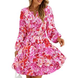 ZESICA Womens Spring Long Sleeve Floral Mini Dress 2026 Summer Boho V Neck A-Line Flowy Dresses Beach Vacation Clothes(Red)