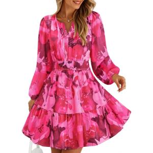 ZESICA Womens Spring Long Sleeve Floral Mini Dress 2026 Summer Boho V Neck A-Line Flowy Dresses Beach Vacation Clothes(Rose)