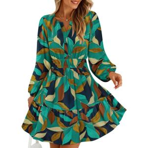 ZESICA Womens Spring Long Sleeve Floral Mini Dress 2026 Summer Boho V Neck A-Line Flowy Dresses Beach Vacation Clothes(Turquoise)
