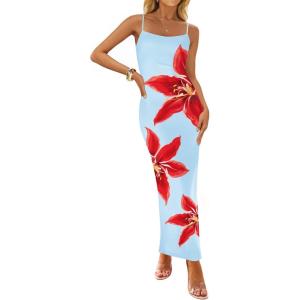 ZESICA Women’s Summer Bodycon Maxi Dresses 2026 Floral Spaghetti Strap Square Neck Sleeveless Boho Beach Long Dresses(Light Blue)