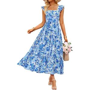 ZESICA Women’s Summer Boho Floral Midi Dress 2026 Casual Ruffle Cap Sleeve Beach Wedding Guest Flowy Tiered Long Dresses(Blue)