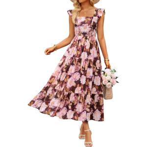 ZESICA Women’s Summer Boho Floral Midi Dress 2026 Casual Ruffle Cap Sleeve Beach Wedding Guest Flowy Tiered Long Dresses(Brown)